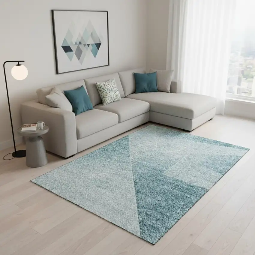 Teal And Ivory Geometric Washable Area Rug With UV Protection Photo 2