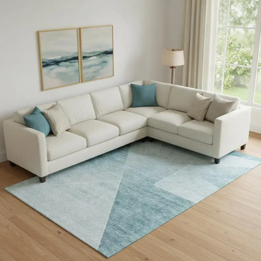 Teal And Ivory Geometric Washable Area Rug With UV Protection Photo 1