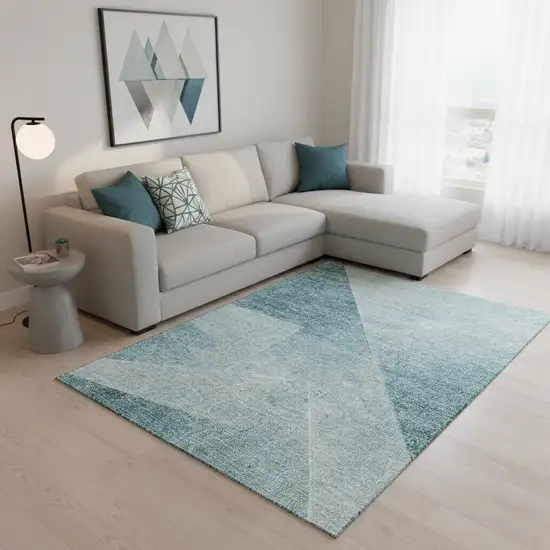 Teal And Ivory Geometric Washable Area Rug With UV Protection Photo 2