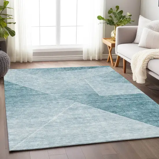 Teal And Ivory Geometric Washable Area Rug With UV Protection Photo 6