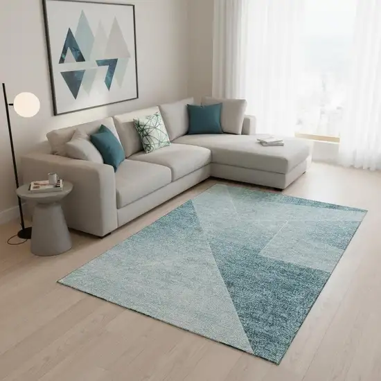 Teal And Ivory Geometric Washable Area Rug With UV Protection Photo 2