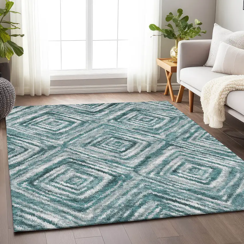 Teal And Ivory Geometric Washable Area Rug With UV Protection Photo 6
