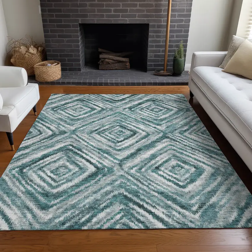 Teal And Ivory Geometric Washable Area Rug With UV Protection Photo 5