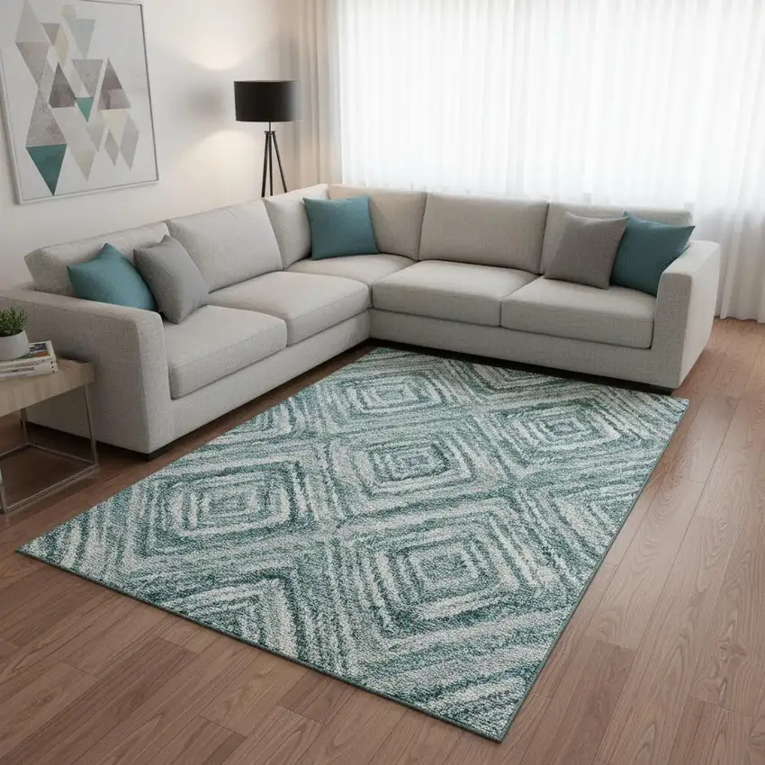 Teal And Ivory Geometric Washable Area Rug With UV Protection Photo 2
