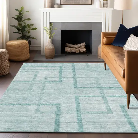 Teal And Ivory Geometric Washable Area Rug With UV Protection Photo 6