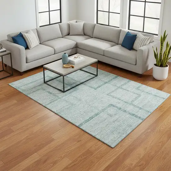 Teal And Ivory Geometric Washable Area Rug With UV Protection Photo 2