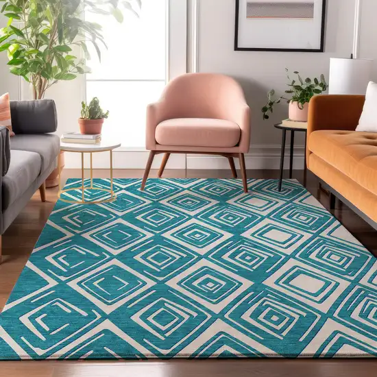 Teal And Ivory Geometric Washable Area Rug With UV Protection Photo 6