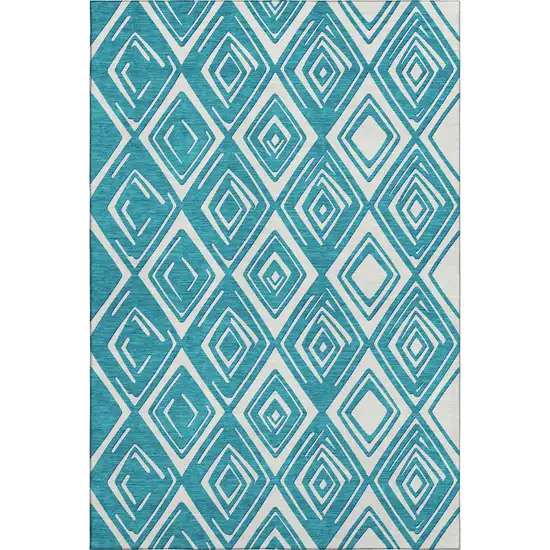 Teal And Ivory Geometric Washable Area Rug With UV Protection Photo 2