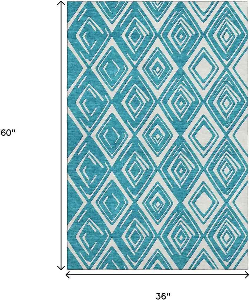 Teal And Ivory Geometric Washable Area Rug With UV Protection Photo 3