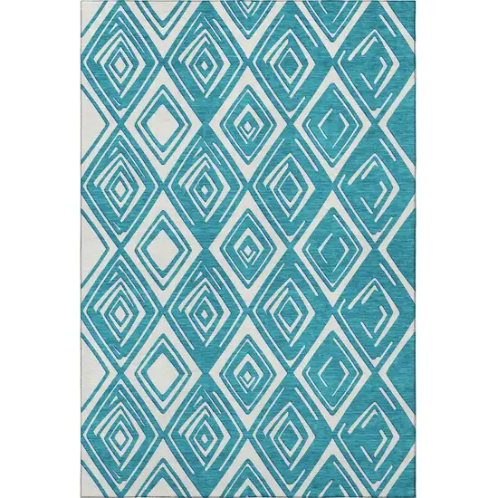 Teal And Ivory Geometric Washable Area Rug With UV Protection Photo 5
