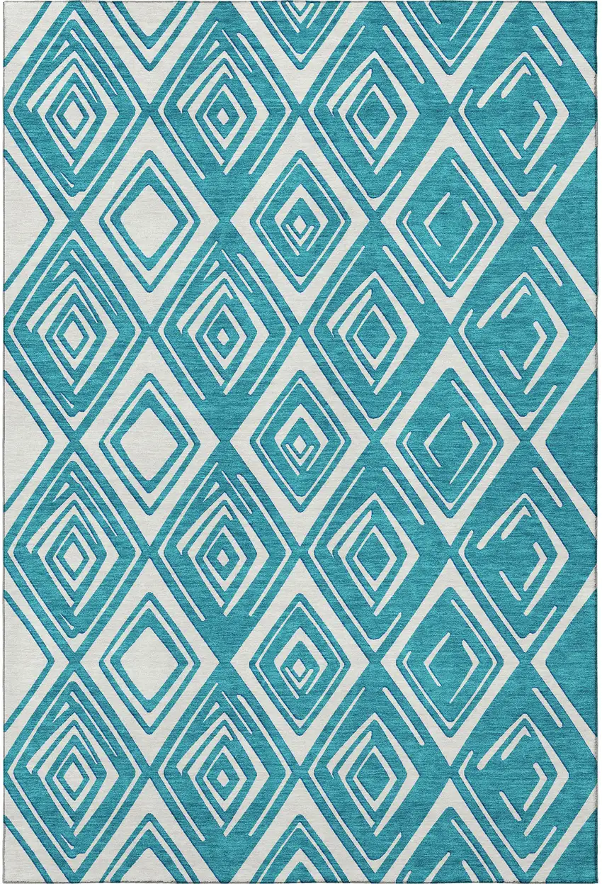 Teal And Ivory Geometric Washable Area Rug With UV Protection Photo 5