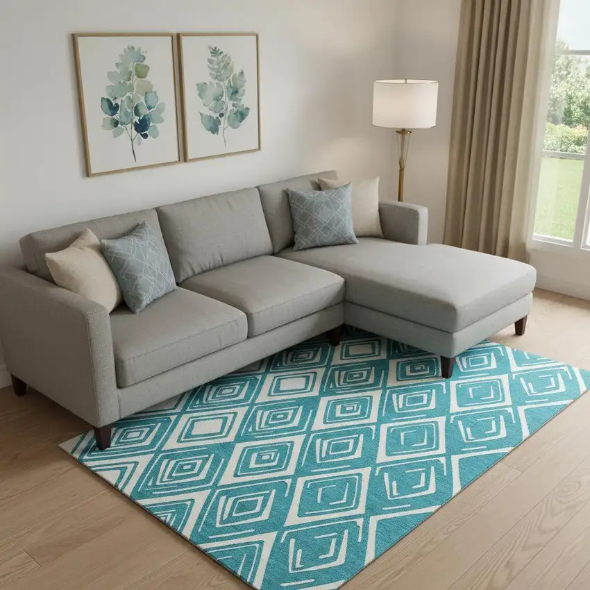 Teal And Ivory Geometric Washable Area Rug With UV Protection Photo 1