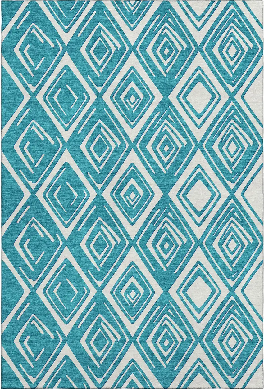 Teal And Ivory Geometric Washable Area Rug With UV Protection Photo 2