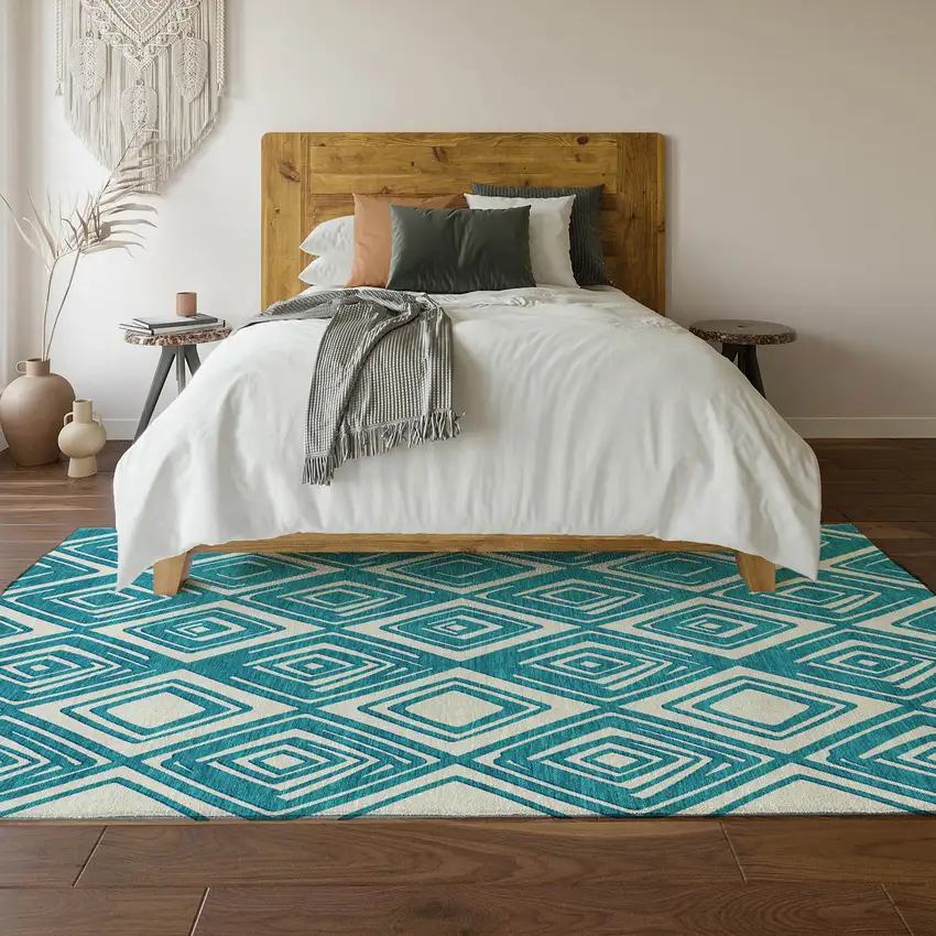 Teal And Ivory Geometric Washable Area Rug With UV Protection Photo 7