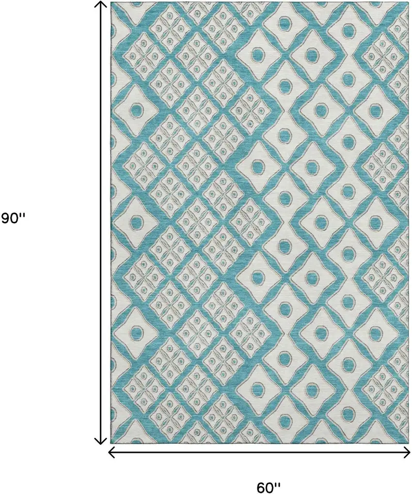 Teal And Ivory Geometric Washable Area Rug With UV Protection Photo 3