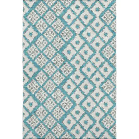 Teal And Ivory Geometric Washable Area Rug With UV Protection Photo 2