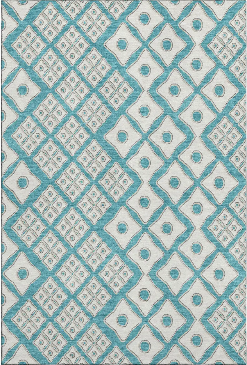 Teal And Ivory Geometric Washable Area Rug With UV Protection Photo 2