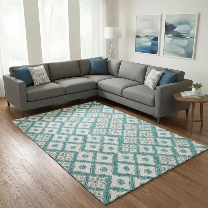 Teal And Ivory Geometric Washable Area Rug With UV Protection Photo 1