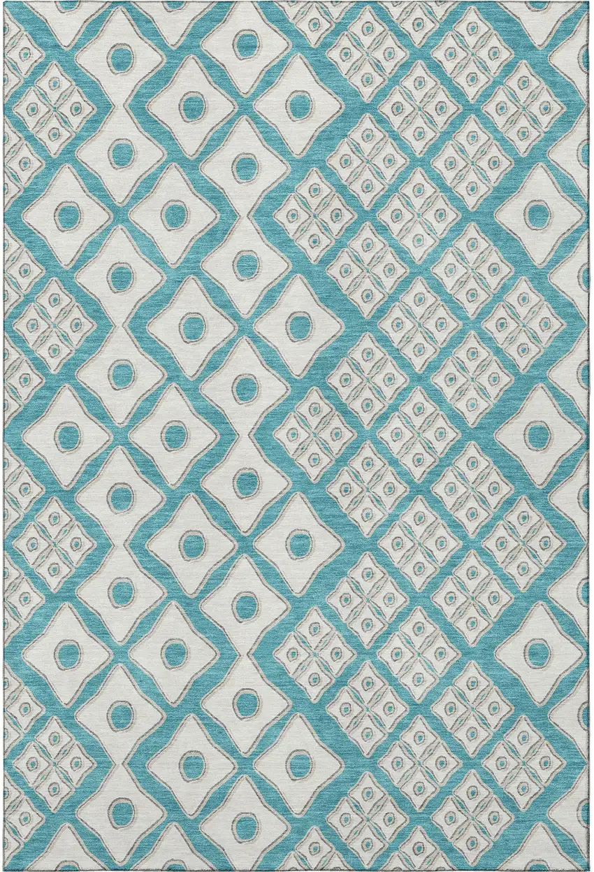 Teal And Ivory Geometric Washable Area Rug With UV Protection Photo 5