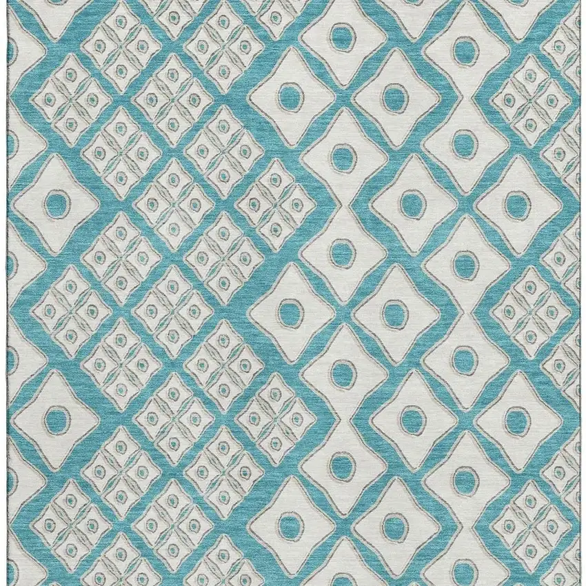 Teal And Ivory Geometric Washable Area Rug With UV Protection Photo 4