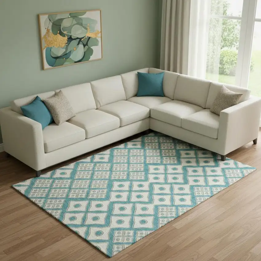 Teal And Ivory Geometric Washable Area Rug With UV Protection Photo 1