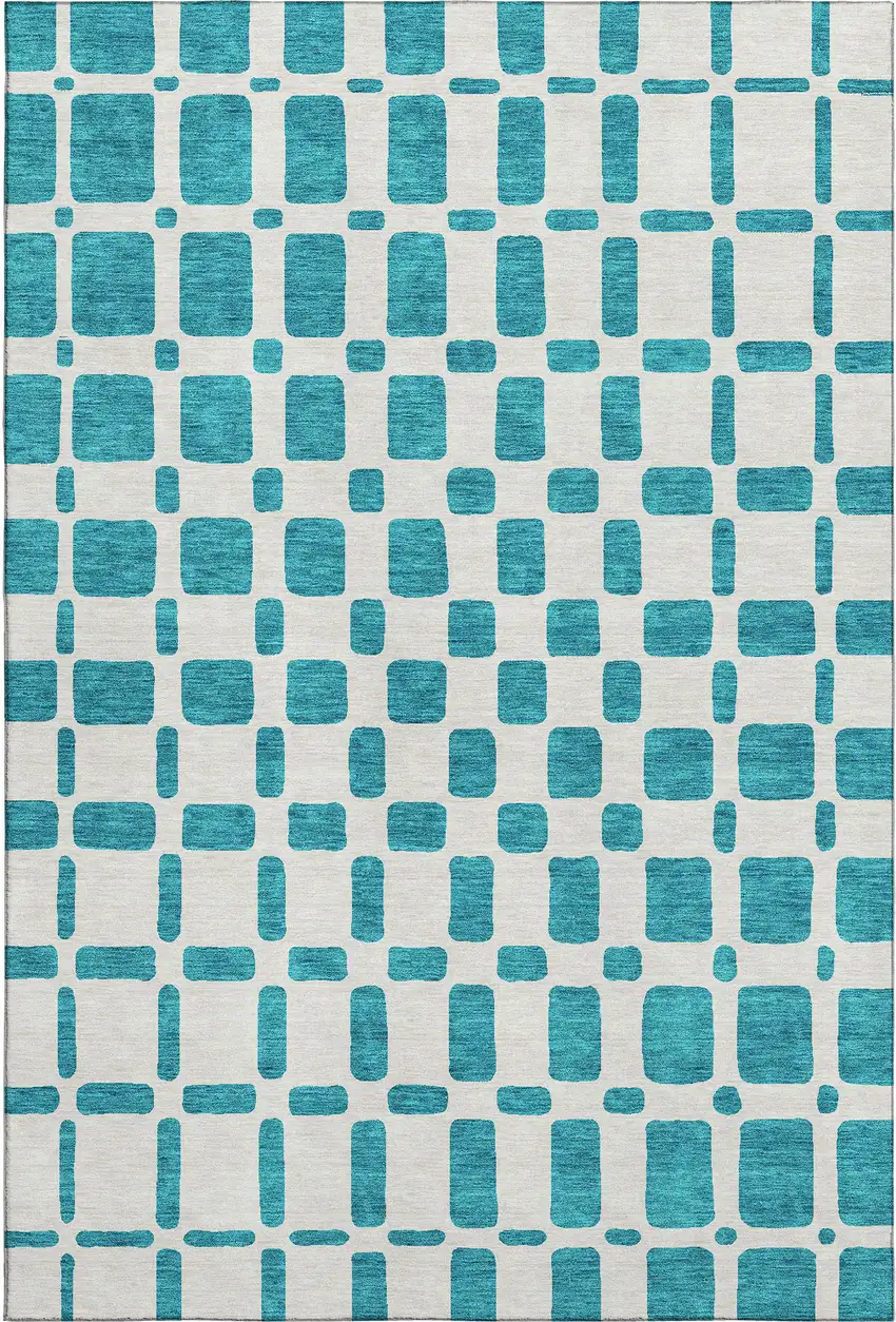 Teal And Ivory Geometric Washable Area Rug With UV Protection Photo 1