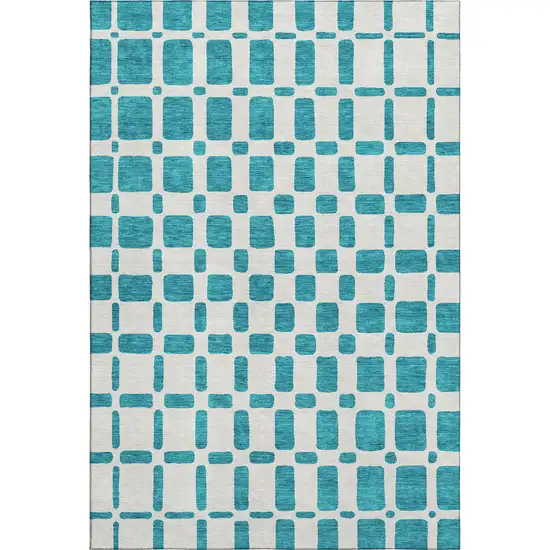 Teal And Ivory Geometric Washable Area Rug With UV Protection Photo 1