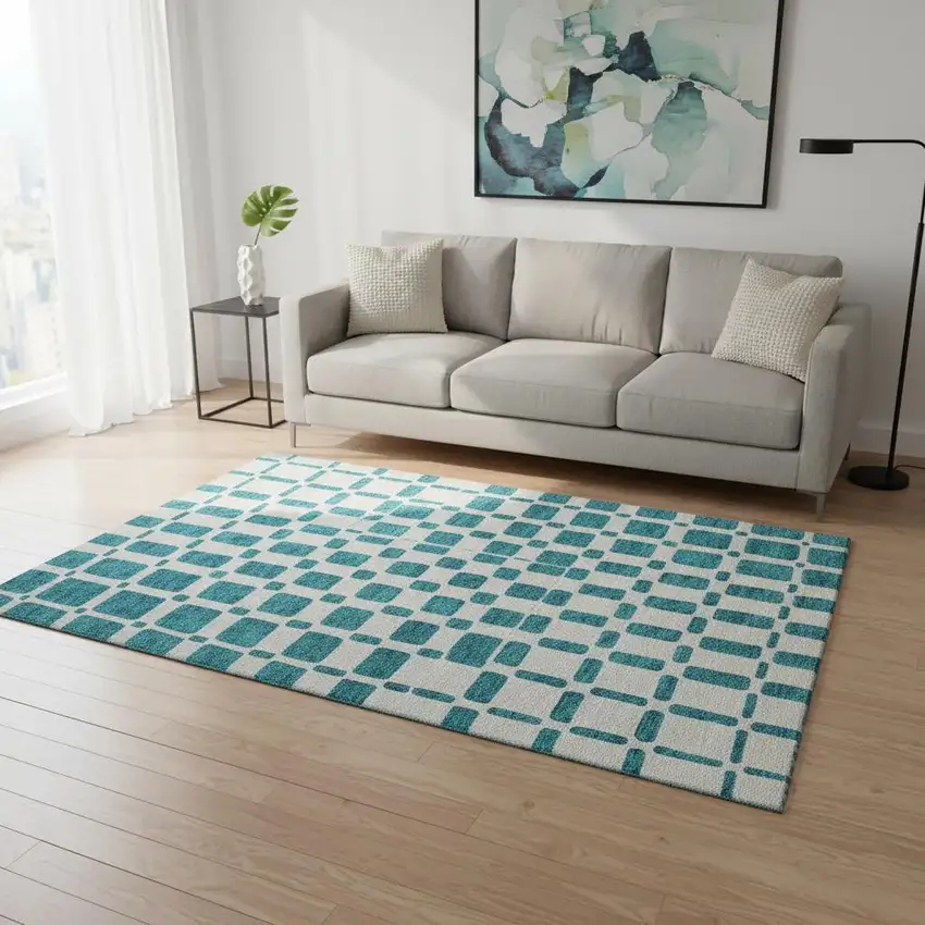 Teal And Ivory Geometric Washable Area Rug With UV Protection Photo 2