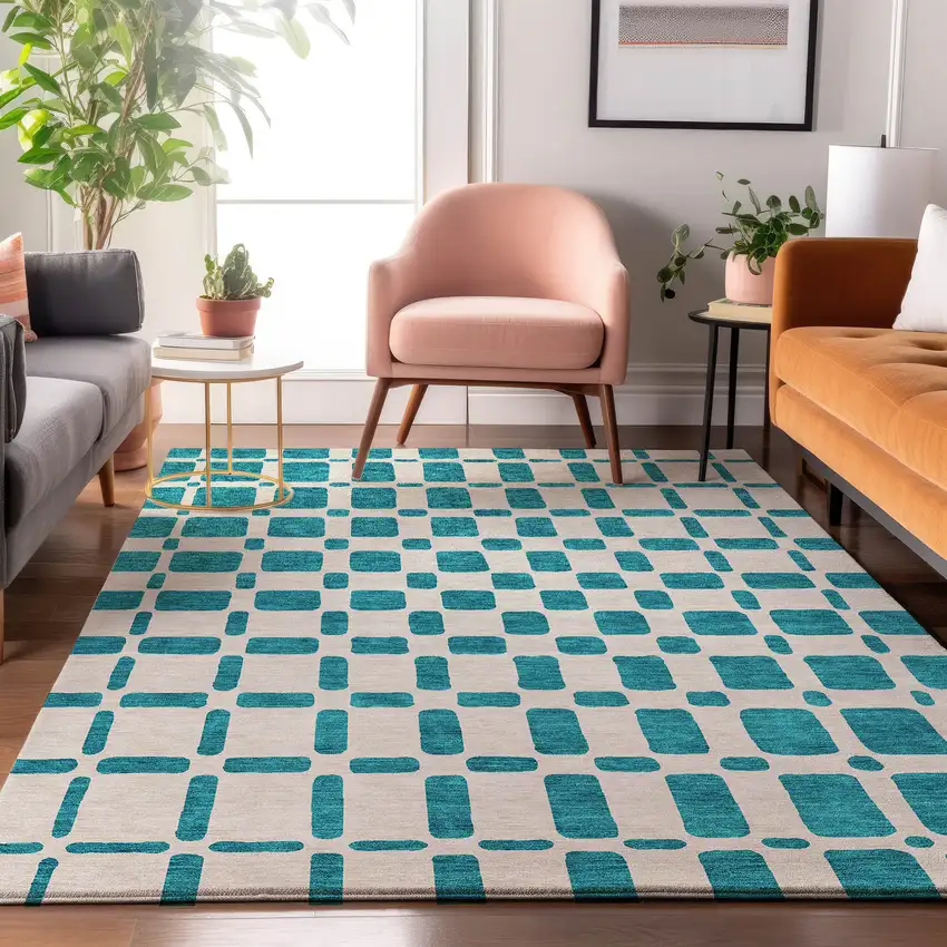 Teal And Ivory Geometric Washable Area Rug With UV Protection Photo 5