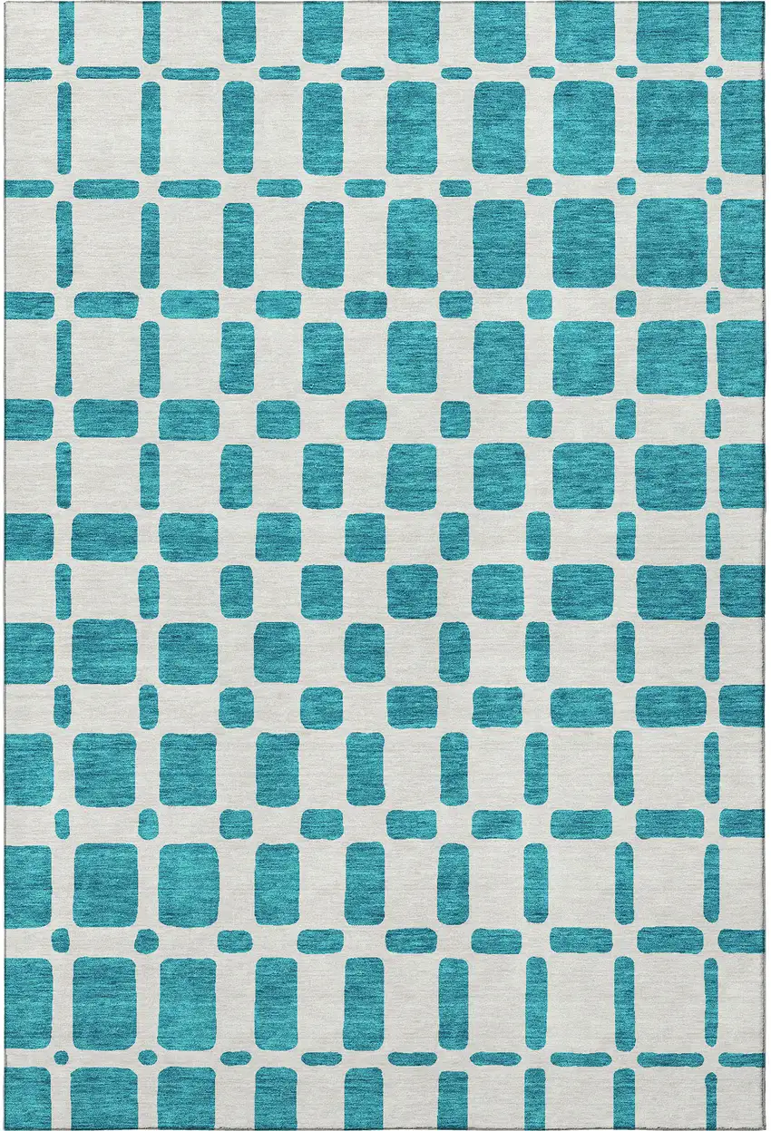 Teal And Ivory Geometric Washable Area Rug With UV Protection Photo 4