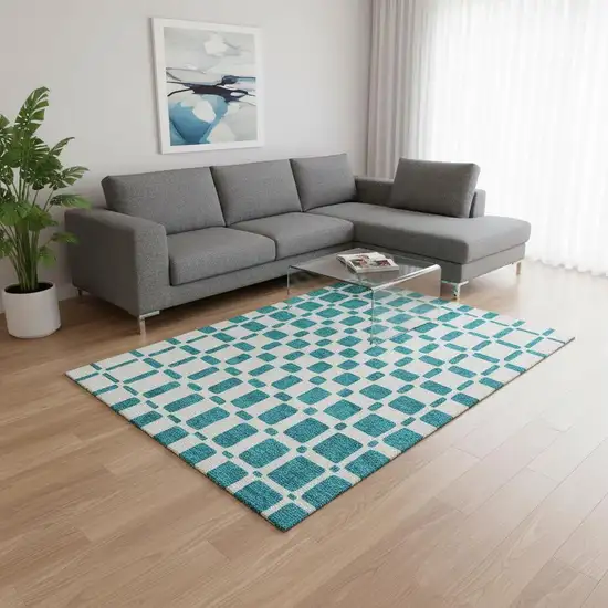 Teal And Ivory Geometric Washable Area Rug With UV Protection Photo 2