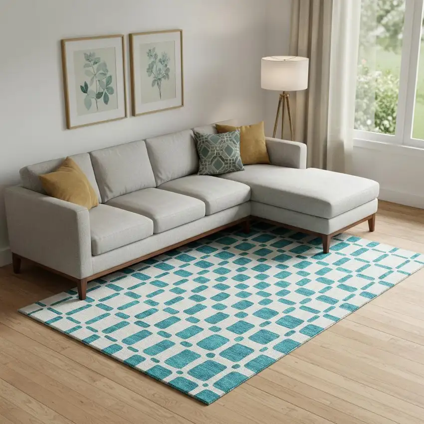 Teal And Ivory Geometric Washable Area Rug With UV Protection Photo 1