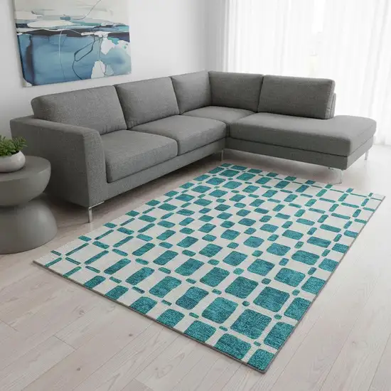 Teal And Ivory Geometric Washable Area Rug With UV Protection Photo 2