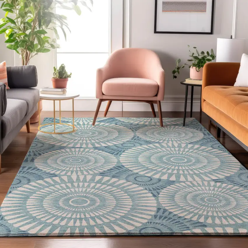 Teal And Ivory Geometric Washable Area Rug With UV Protection Photo 5