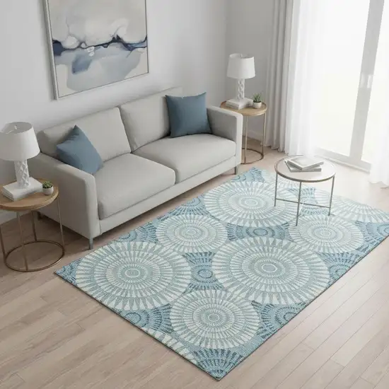 Teal And Ivory Geometric Washable Area Rug With UV Protection Photo 2