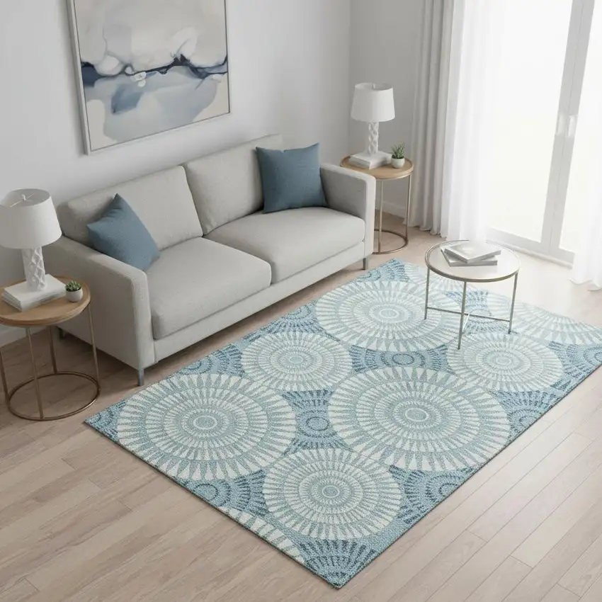 Teal And Ivory Geometric Washable Area Rug With UV Protection Photo 2
