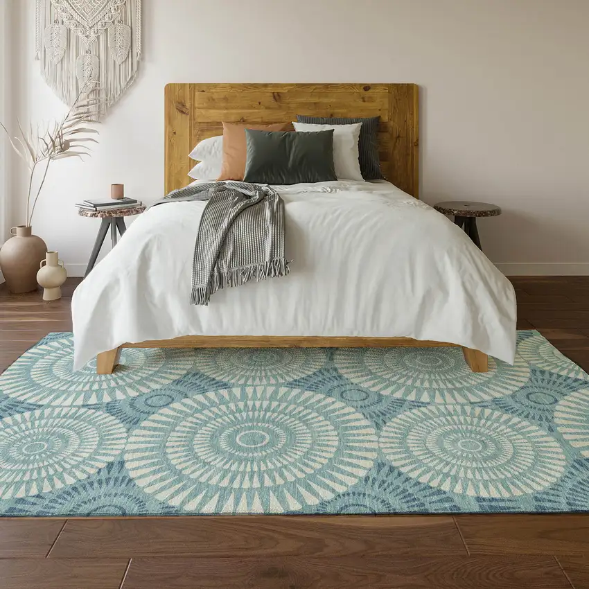 Teal And Ivory Geometric Washable Area Rug With UV Protection Photo 6