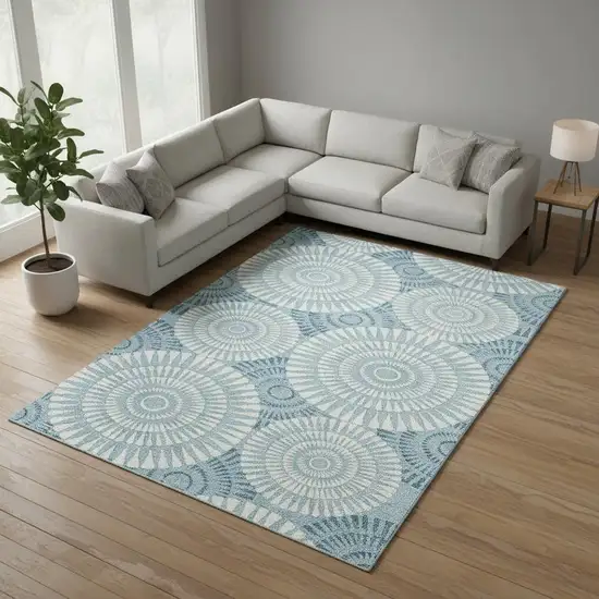 Teal And Ivory Geometric Washable Area Rug With UV Protection Photo 2