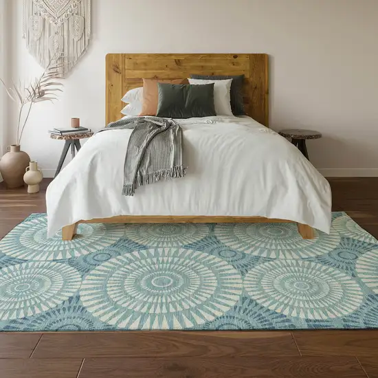 Teal And Ivory Geometric Washable Area Rug With UV Protection Photo 6