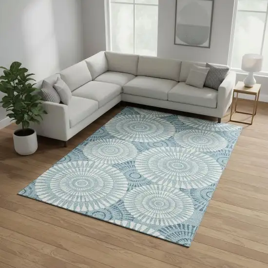Teal And Ivory Geometric Washable Area Rug With UV Protection Photo 2