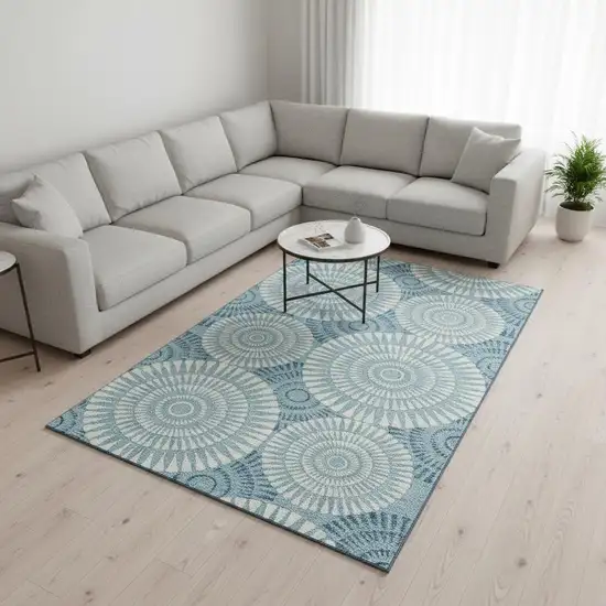 Teal And Ivory Geometric Washable Area Rug With UV Protection Photo 2