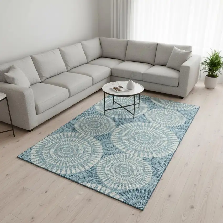 Teal And Ivory Geometric Washable Area Rug With UV Protection Photo 2