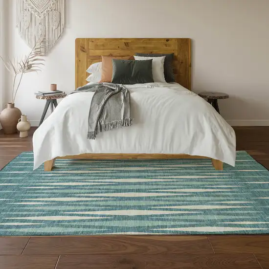 Teal And Ivory Geometric Washable Area Rug With UV Protection Photo 6