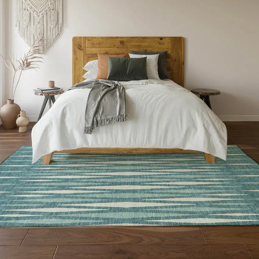 Teal And Ivory Geometric Washable Area Rug With UV Protection Photo 6