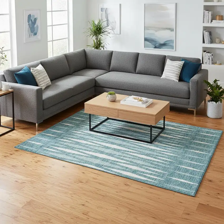 Teal And Ivory Geometric Washable Area Rug With UV Protection Photo 2