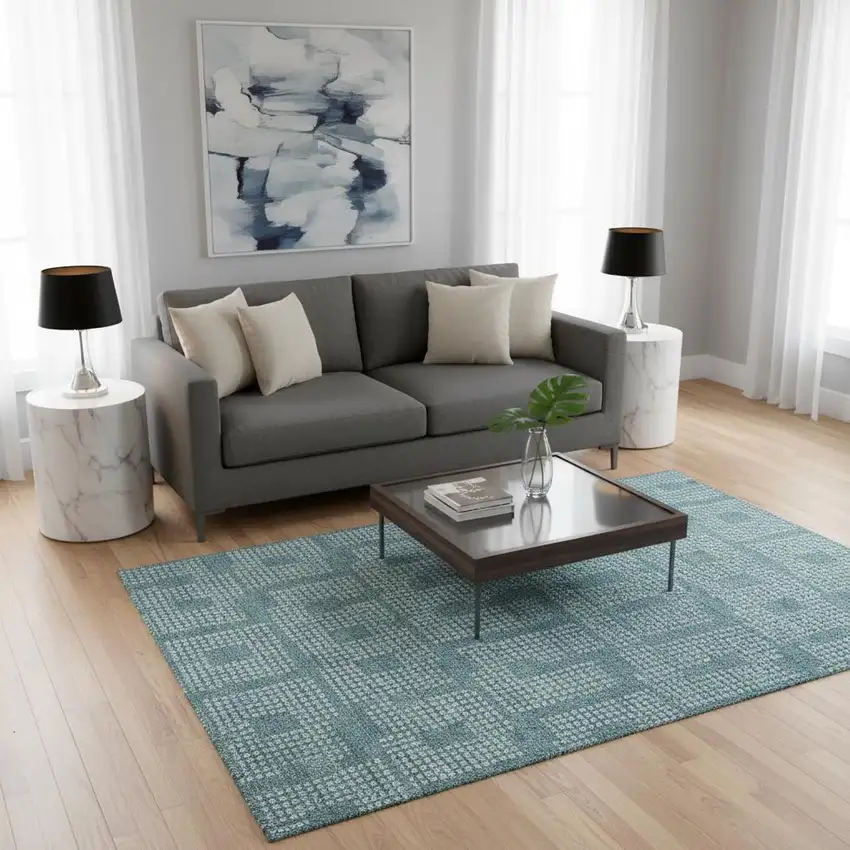 Teal And Ivory Geometric Washable Area Rug With UV Protection Photo 2