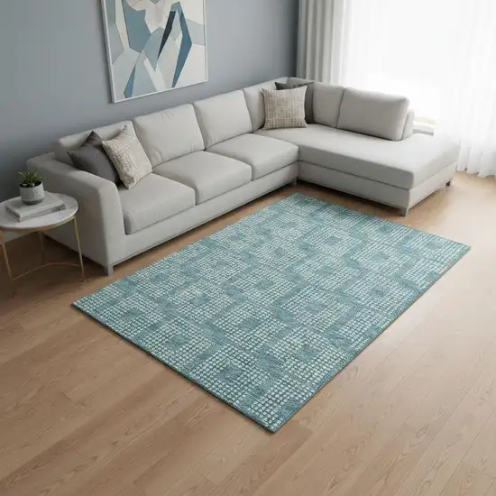 Teal And Ivory Geometric Washable Area Rug With UV Protection Photo 2