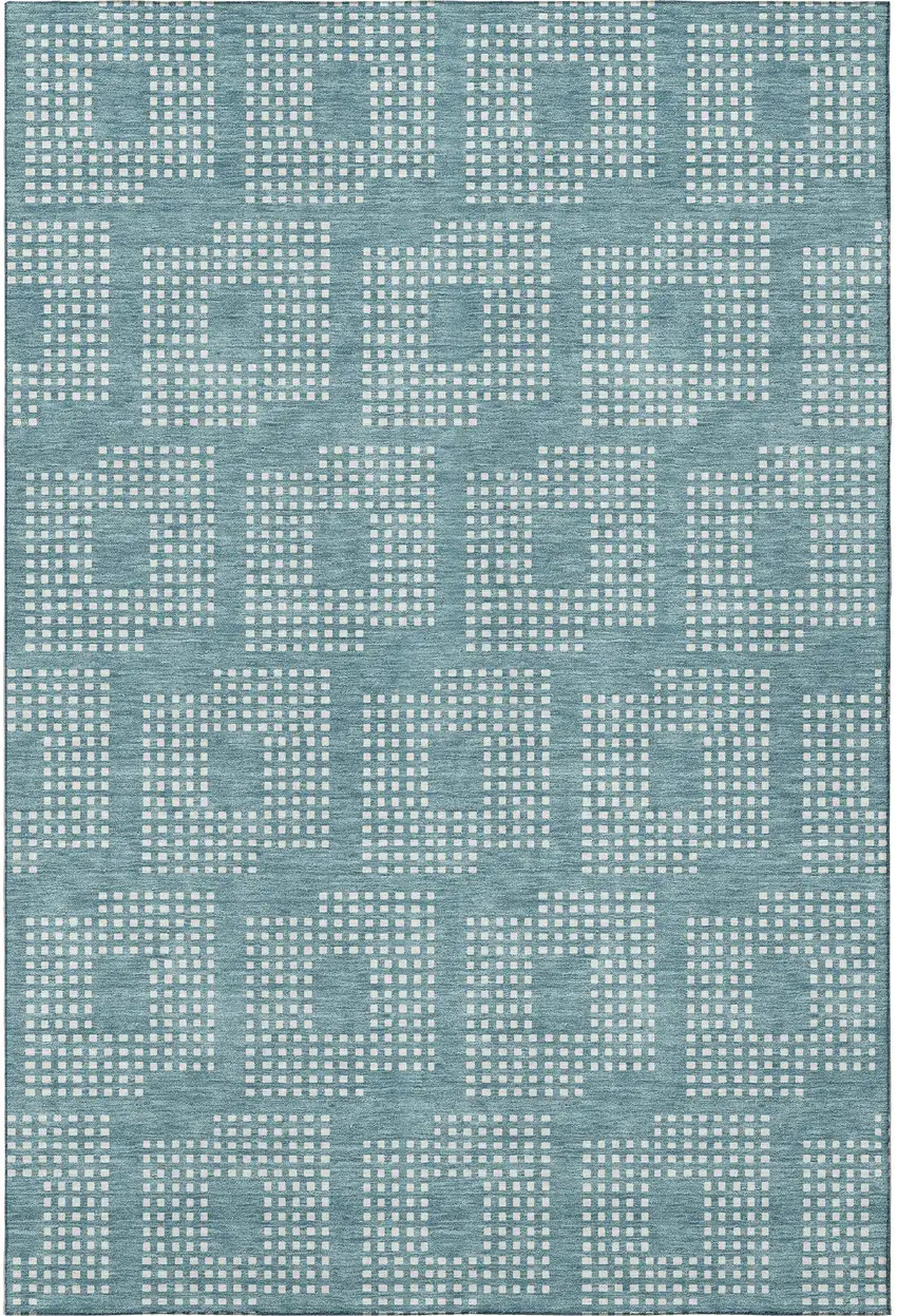 Teal And Ivory Geometric Washable Area Rug With UV Protection Photo 4