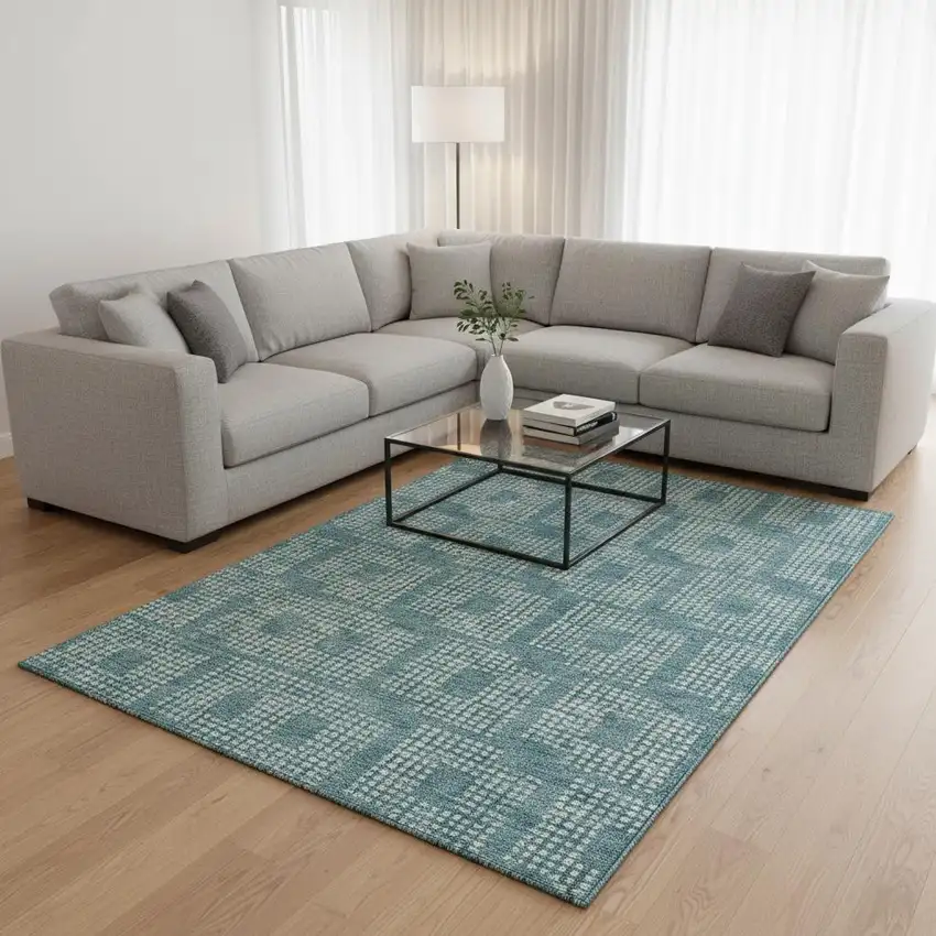 Teal And Ivory Geometric Washable Area Rug With UV Protection Photo 2