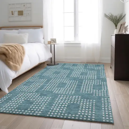 Teal And Ivory Geometric Washable Area Rug With UV Protection Photo 4